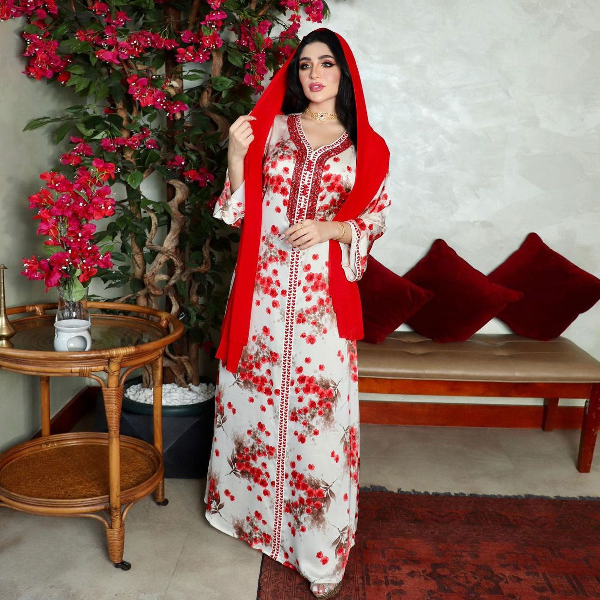 Ramadan Flower Hotfix Rhinestone Printed Jalabiya Kaftan Dress For Muslim Women