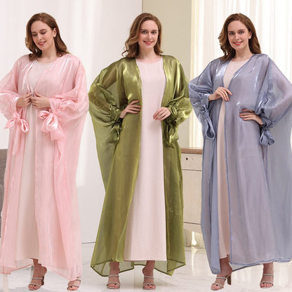 Muslim Women Bubble Sleeve Satin Long Abaya Cardigan Open Dress