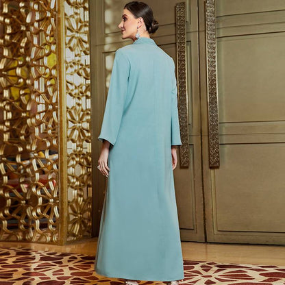 Teal Blue Hand-stitched Rhinestone Beads Arab Caftan Kaftan Dress