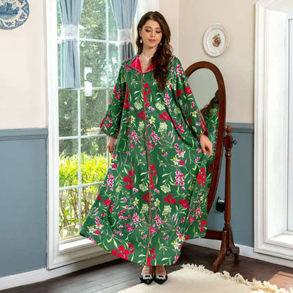 Eid Dress Middle East Arab Green Floral Printed Hotfix Rhinestone Caftan Kaftan Dress