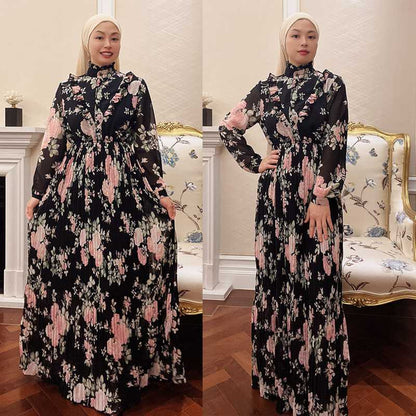 Muslim Women Agaric Laces Chiffon Printed Abaya Dress