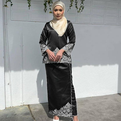 2 Pieces Set Satin Malaysian Embroidery Tops And Skirt Suit