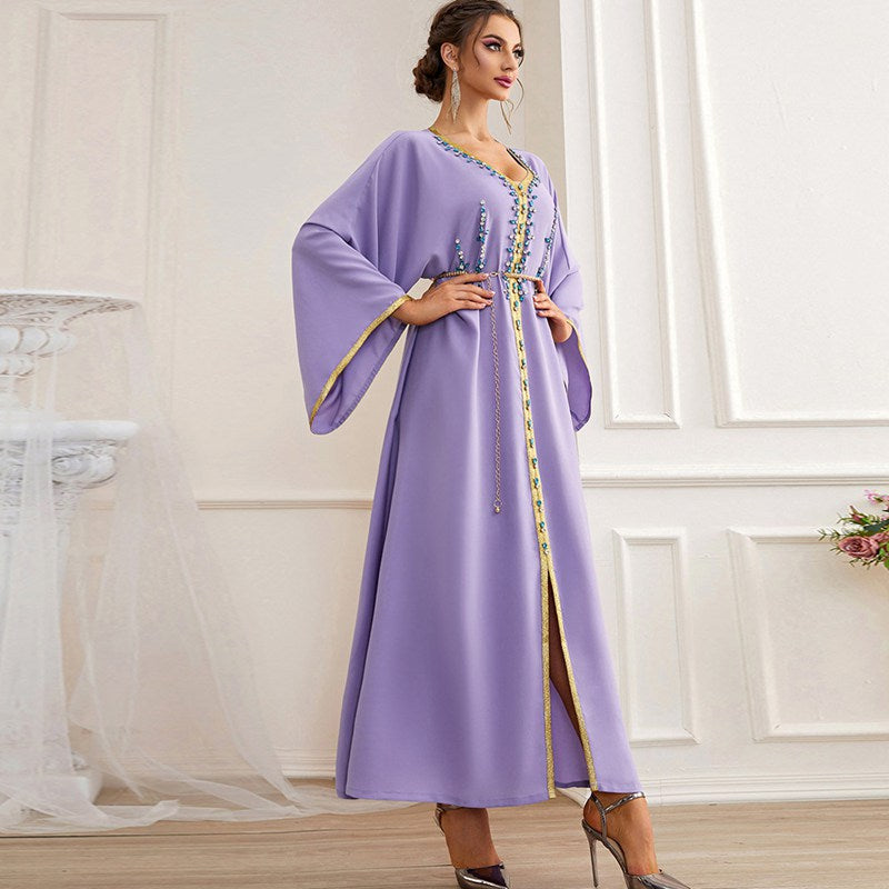 Eid Bohemia Style Luxury Hand stitched Rhinestone Dubai Kaftan Dress