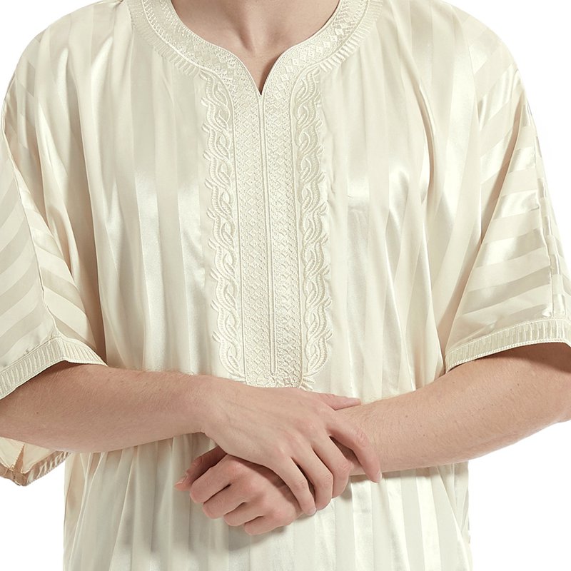 Muslim Men Clothing Arab Stripe Pattern Embroidery Thobe Thawb With Pocket