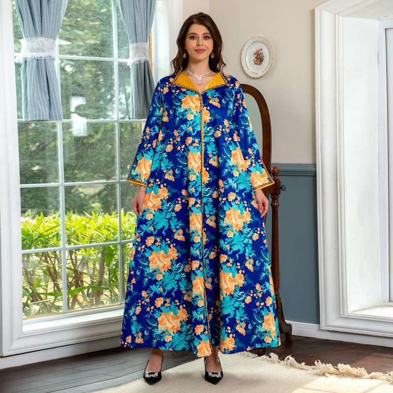 Eid Dress Satin Rhinestone Floral Printed Caftan Kaftan Dress