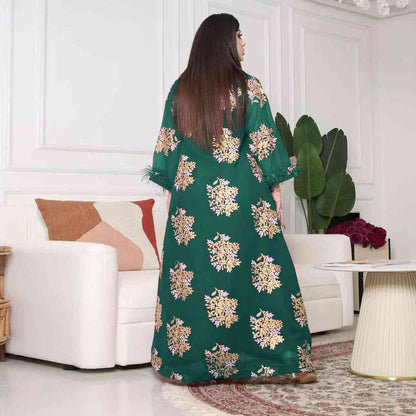 Muslim Women Embroidered Gold Lace Evening Kaftan Dress Middle East Dubai