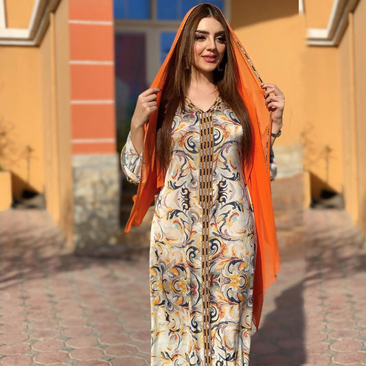 Eid Floral Printed Muslim Gril Kaftan Dress