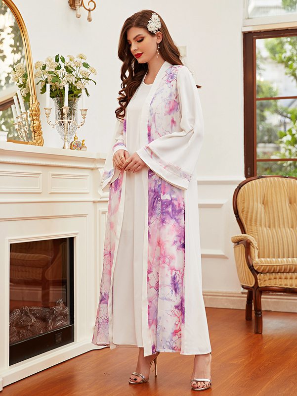 Muslim Women Floral Printed Cardigan Abaya Dress