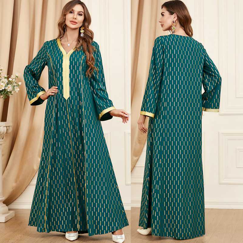 Eid Dress Golden Stripe Printed Arab Kaftan Dress Caftan