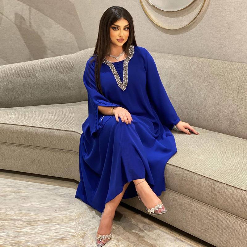 Middle East Hotfix Rhinestone Women Blue Caftan Kaftan Dress