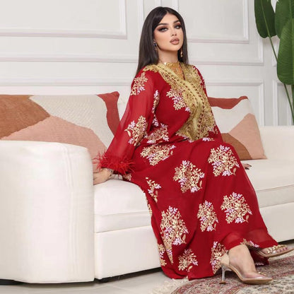 Muslim Women Embroidered Gold Lace Evening Kaftan Dress Middle East Dubai