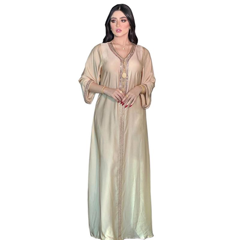 Hotfix Rhinestone Velvet Women Kaftan Dress Jalabiya