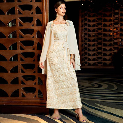 Luxury Hand-stitched Rhinestone Sequins Kaftan Dress Caftan With Chiffon Shawl