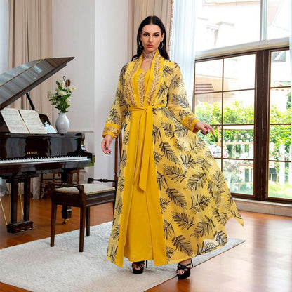 2 Pieces Set Evening Gown Kaftan Dress Suit With Inner Dress For Muslim Women