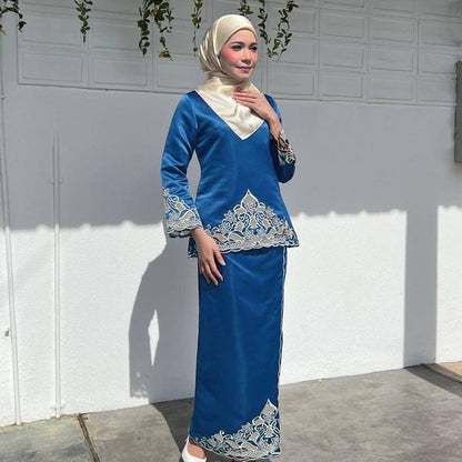 2 Pieces Set Satin Malaysian Embroidery Tops And Skirt Suit