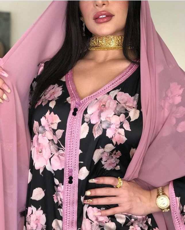 Eid Muslim Girls Printed Kaftan Jalabiya Dress