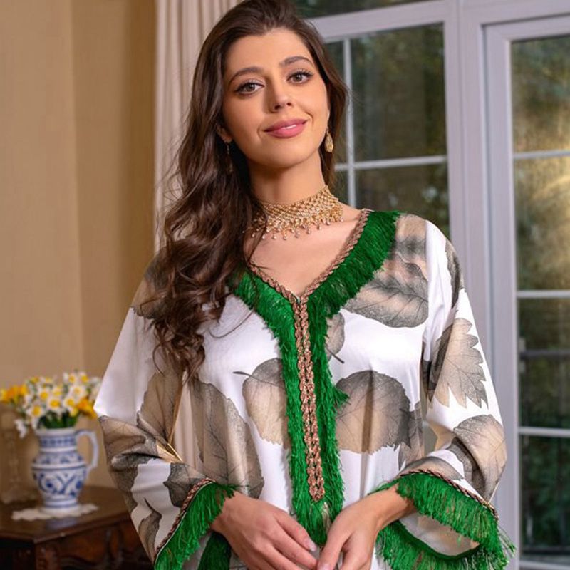 Eid Dress Hotfix Rhinestone Feather Leaf Printed Kaftan Dress Caftan