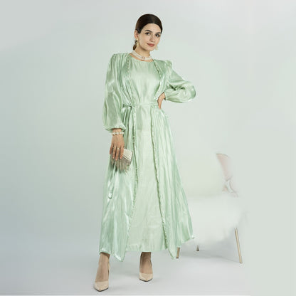 Eid 2 Pieces Set Silk Feeling Beads Open Abaya Dress, With Outer Abaya And Inner Sleeveless Dress