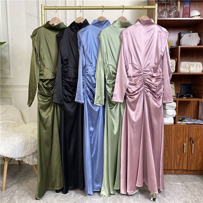 Muslim Women High Neck Elastic Waist Satin Abaya Dress