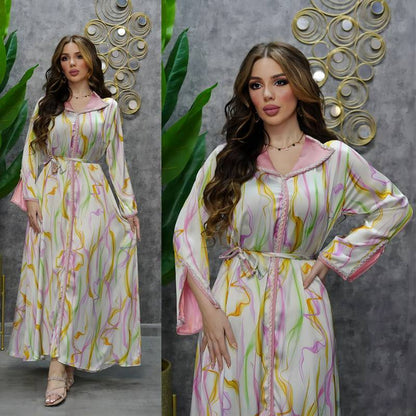 EId Dress Satin Rhinestone Floral Printed Kaftan Dress Caftan Jalabiya