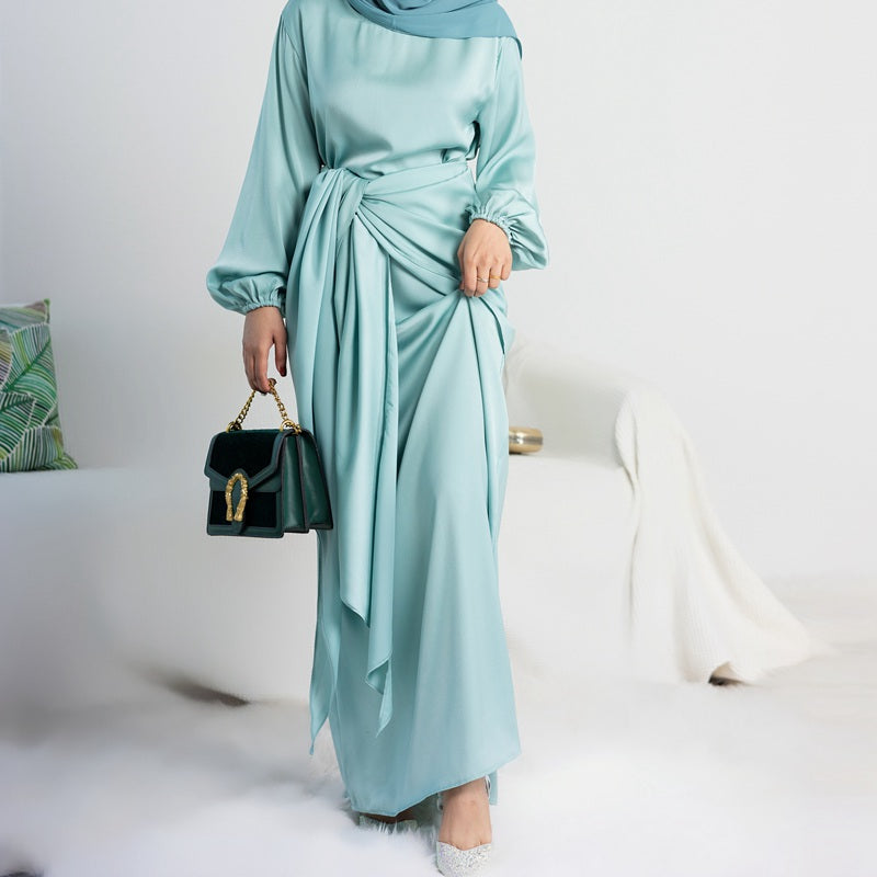 Muslim Women Satin Abaya Dress With Midi Wrap Urgarment Muslim Women Satin Abaya Dress With Midi Wrap Urgarment