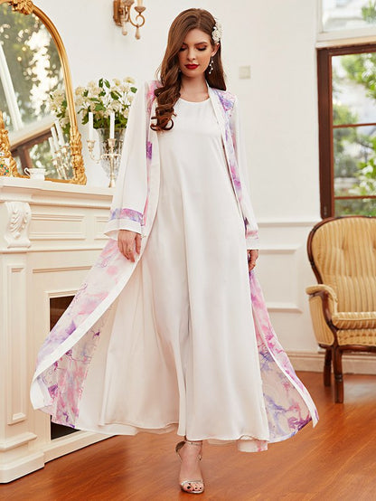 Muslim Women Floral Printed Cardigan Abaya Dress