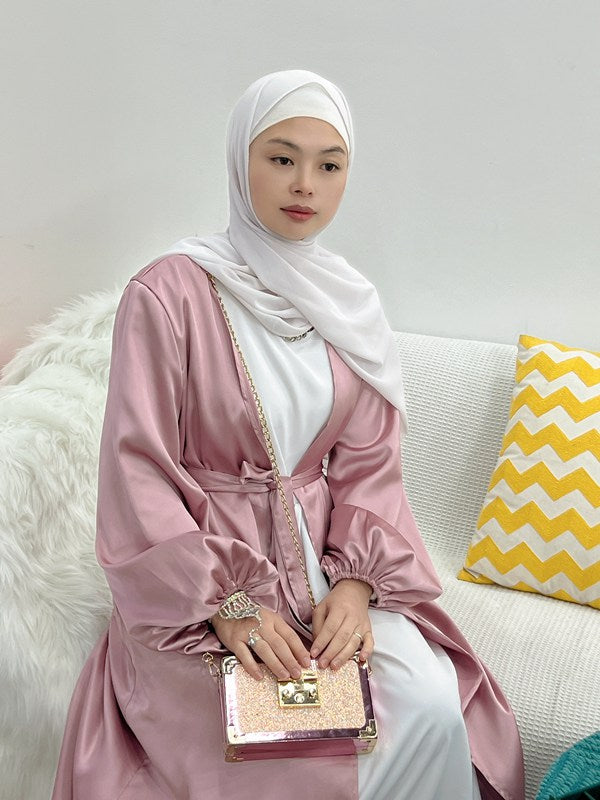 Elegant Puff Sleeve Satin Open Abaya Dress Muslim Women