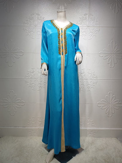 Hotfix Rhinestone Velvet Eid Dress Women Kaftan Jalabiya