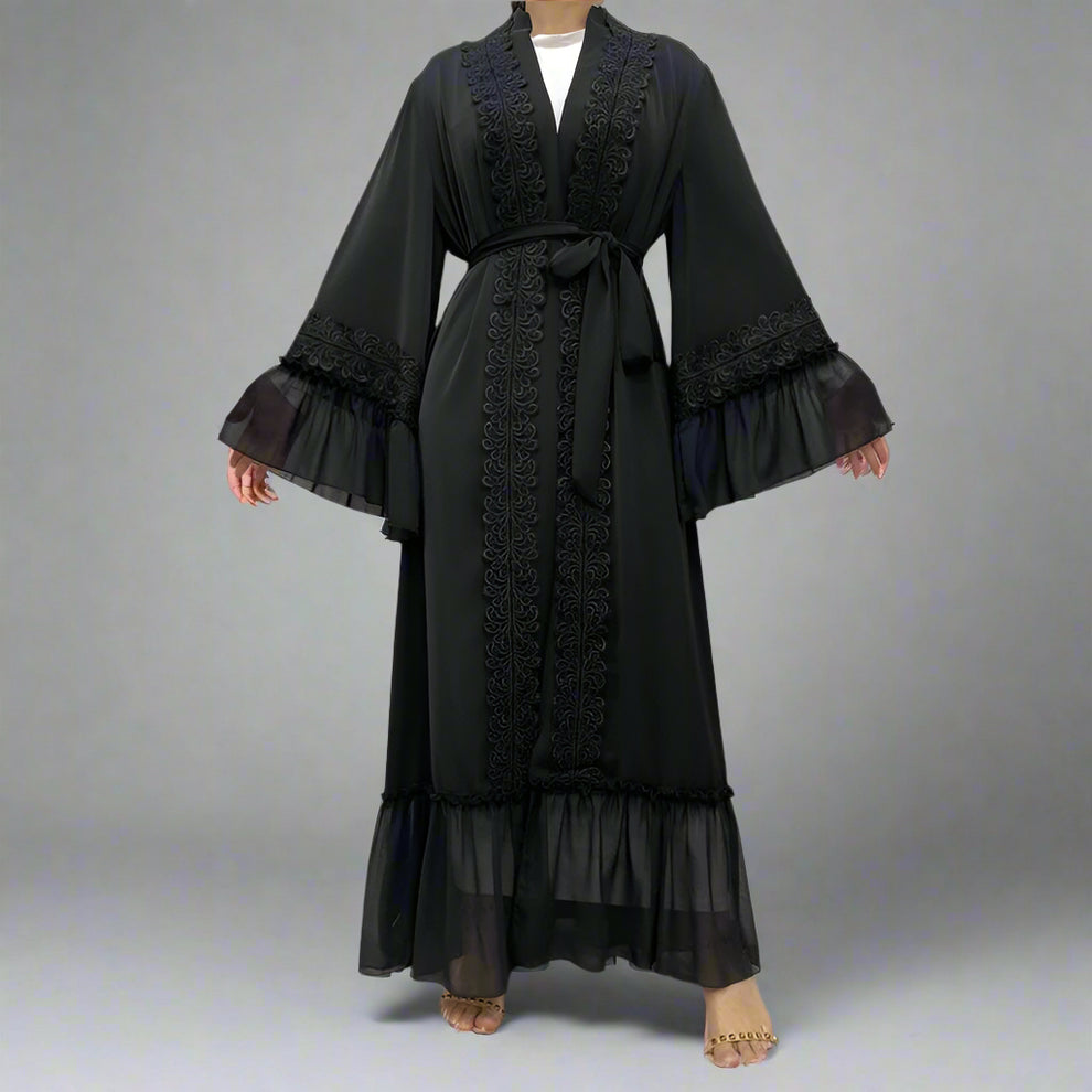 Muslim Women Moon Embroidery Open Abaya Dress With Pocket