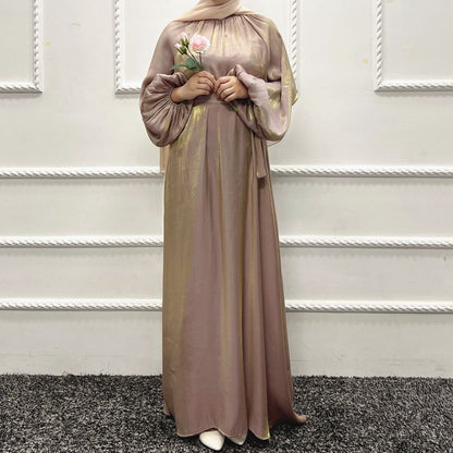 Shiny Solid Color Abaya Dress For Muslim Women