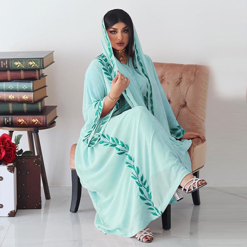 Muslim Women Chiffon Embroidery Abaya Dress With Hijab Scarf