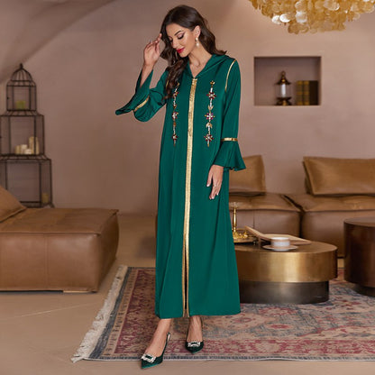 Dubai Hooded Hand-stitched Rhinestone Satin Evening Kaftan Abaya Dress