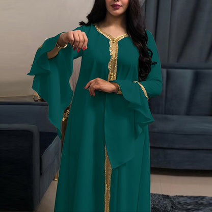Lotus Leaf Sleeve Embroidery Kaftan Dress Arabic Jalabiya