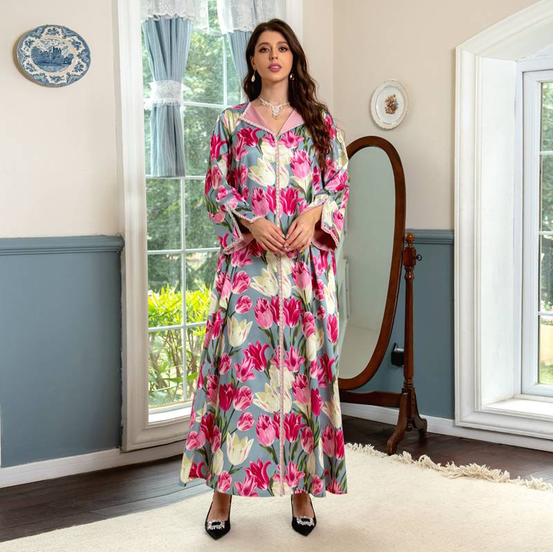 Eid Dress Tulip Printed Hotfix Rhinestone Caftan Kaftan Dress