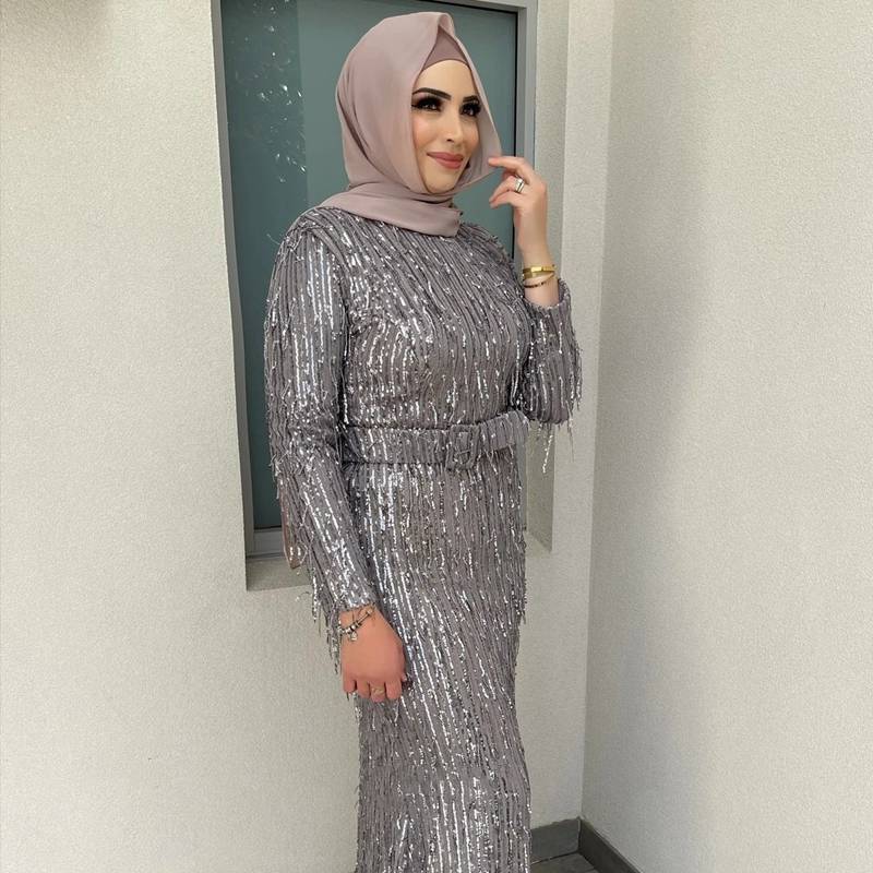 Muslim Women Evening Party Fashion Abaya Dress With Sequin Tassel