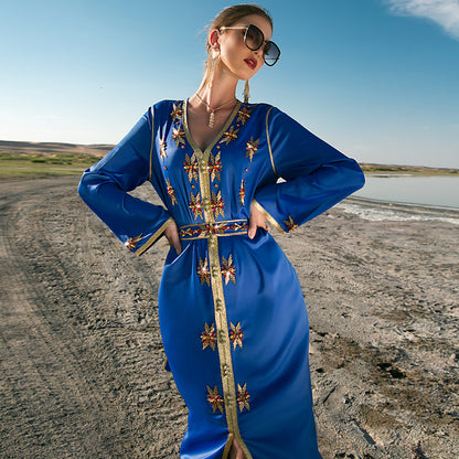 Arab Dubai Hand-stitched Rhinestone Evening Satin Kaftan Dress For Women
