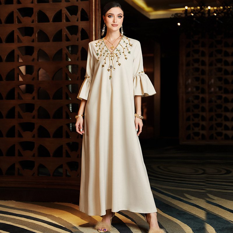 Elegant Flare Sleeve Hand-stitched Rhinestone Kaftan Dress Caftan