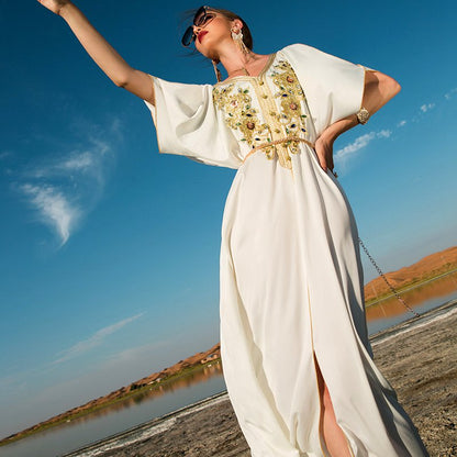 Golden Lace Embroidery Hand-stitched Rhinestone Evening Kaftan Dress Djebba Jebba Middle East