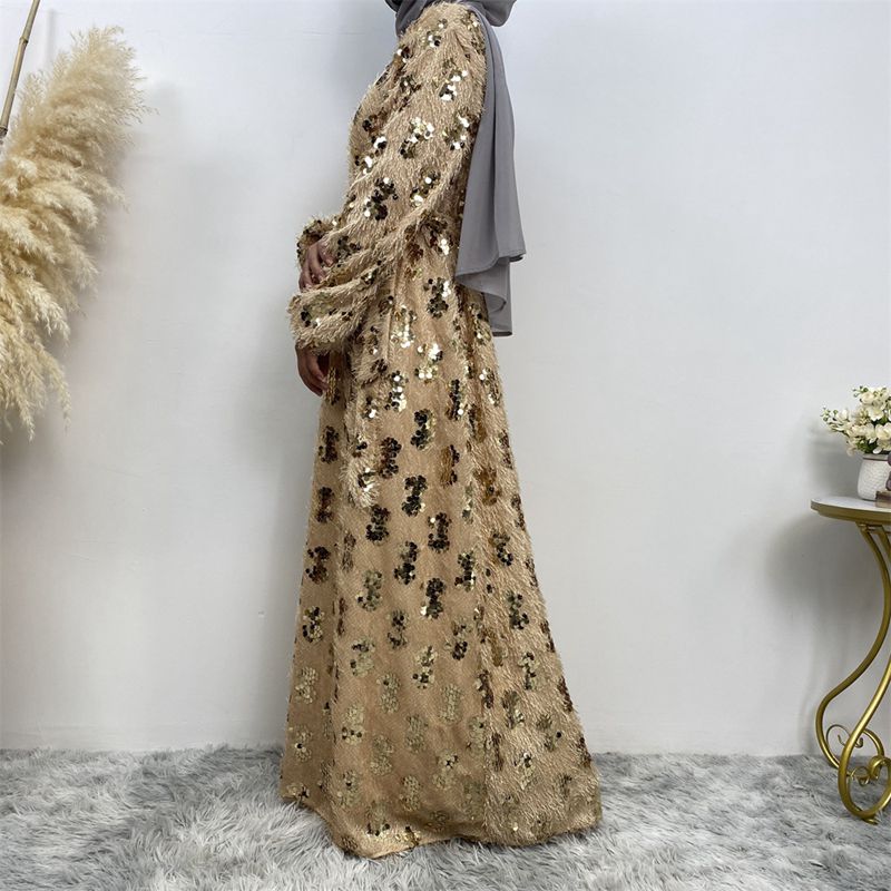 Muslim Women Sequin Tassel Abaya Dress With Lining