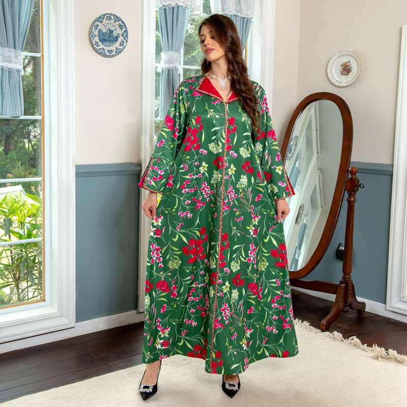 Eid Dress Middle East Arab Green Floral Printed Hotfix Rhinestone Caftan Kaftan Dress