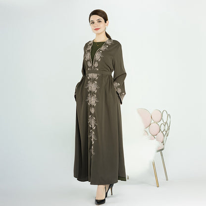 Eid Muslim Women Embroidery Open Abaya Dress