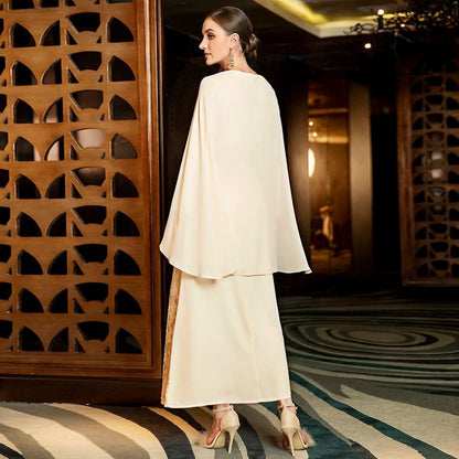 Luxury Hand-stitched Rhinestone Sequins Kaftan Dress Caftan With Chiffon Shawl