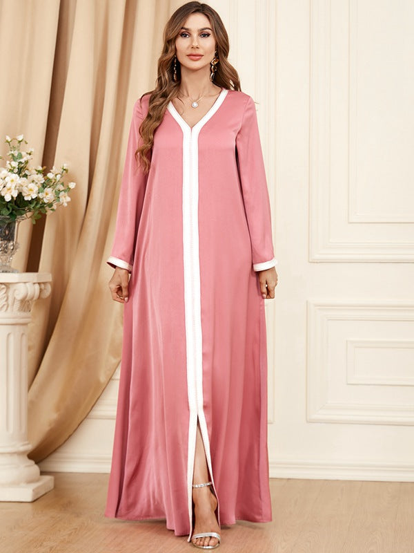 Eid Dress Muslim Women 2 Pieces Set Pink Flower Printed Caftan Kaftan Dress With Inner Dress