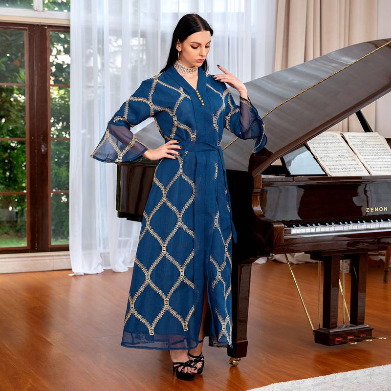 Mesh Embroidery Kaftan Abaya Dress Dubai Middle East