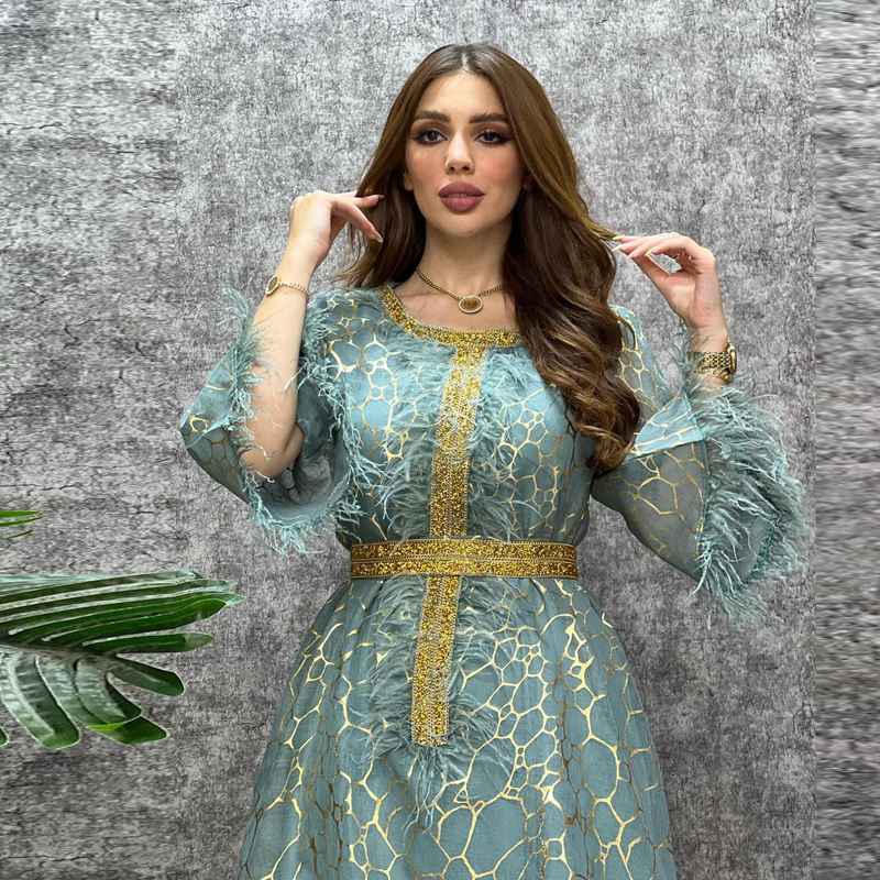 Bronzing Hotfix Rhinestone Middle East Arab Muslim Women Abaya Kaftan Evening Dress