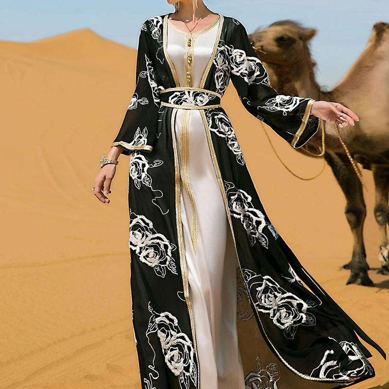 2 Pieces Set Embroidery Cardigan Open Abaya Dress For Muslim Women Evening Party