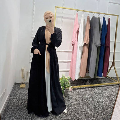 8 Color Options Wrinkle Open Abaya Dress Muslim Women