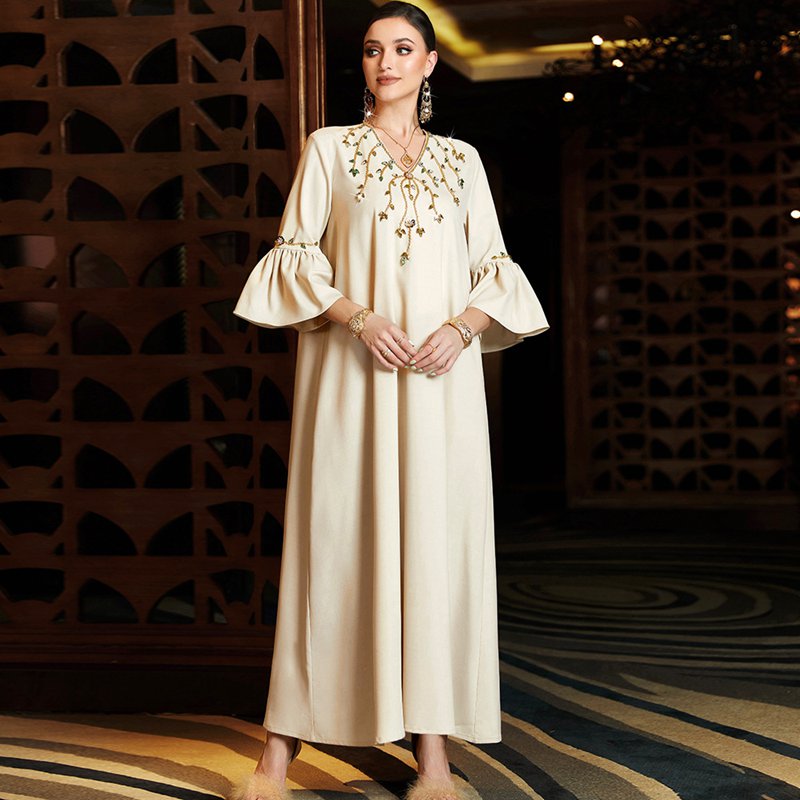 Elegant Flare Sleeve Hand-stitched Rhinestone Kaftan Dress Caftan