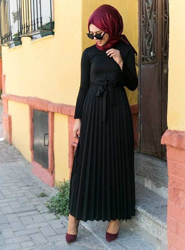 Flare Sleeve Pleated Muslim Women Abaya Dress