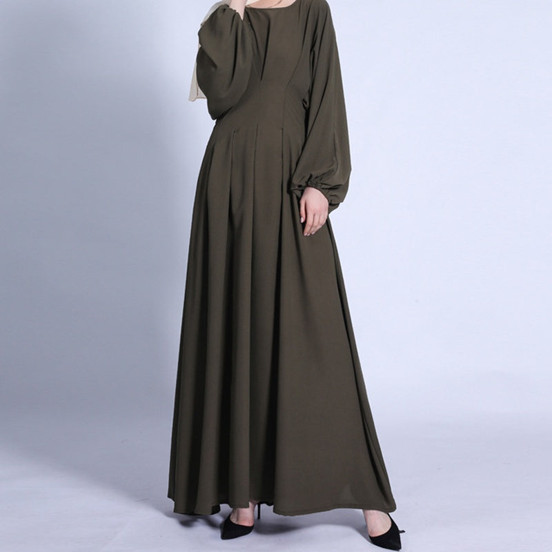 Muslim Women Puff Sleeve Solid Color Waist Abaya Dress
